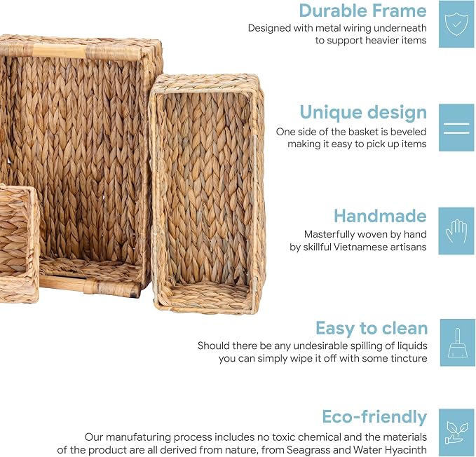 VATIMA Large Water Hyacinth Storage Baskets for Organizing with Wooden Handles for Shelves, 2 Bathroom Small Basket, Water Hyacinth Toilet Paper Baskets, Set of Natural Wicker Storage Basket for Home - Image 6