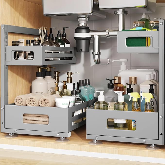 2 Pack Under Sink Organizer,Pull Out Cabinet Organizer With Smooth Cylindrical Rail,Metal Slide Out Drawer for Kitchen Bathroom Laundry Cabinet,8-Level Tool Free Height Adjustable-Gun Gray by UnderSinkOrganizer