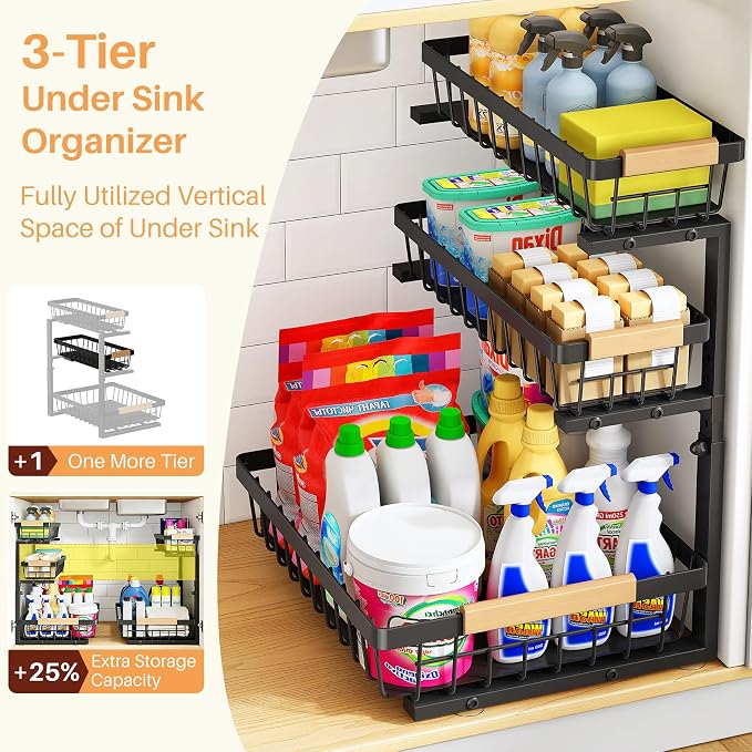 PXRACK Under Sink Organizer, 1-Pack 3-Tier Height Adjustable Thickened Metal Pull out Cabinet Organizer Shelf, Slide out Storage Drawer Rack for Bathroom Kitchen Pantry Home Organization, Black - Image 3