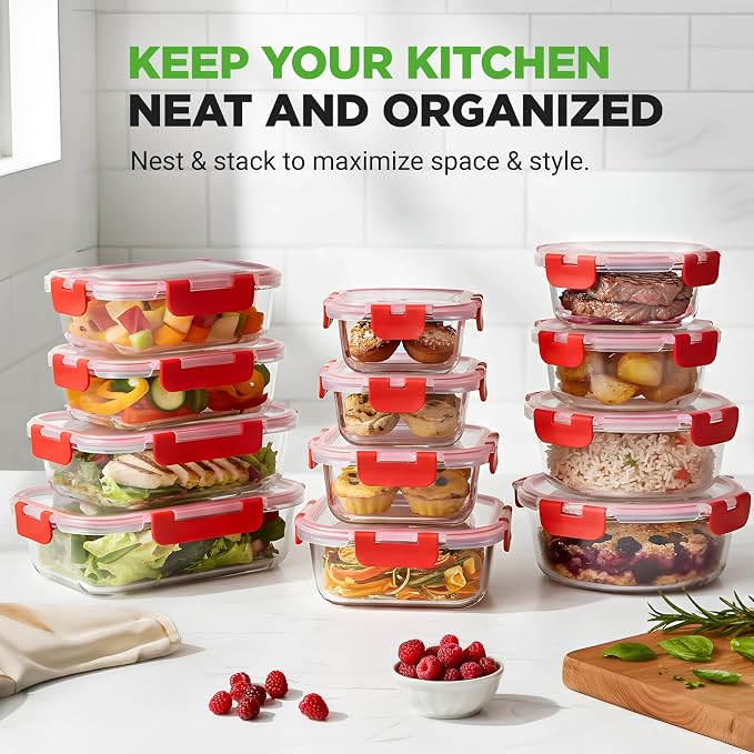 NutriChef 24-Piece Glass Food Storage Containers with Lids - 12 Stackable Heavy Duty Meal Prep Containers w/ 12 Airtight Lids - Microwave, Freezer, & Dishwasher Safe for Food, Snacks, & Fruit-(Red) - Image 5