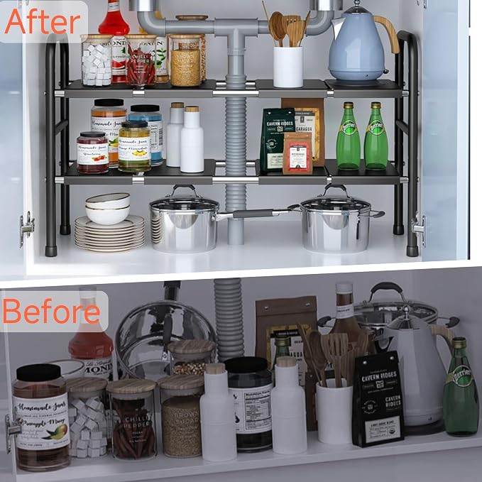 Expandable Under Sink Organizer with 10 Removable Panels, Adjustable Storage 2-Tier Shelf for Kitchen, Bathroom, Pantry,Multi-Purpose Expandable Cabinet Shelf Rack (19-35.5 Inch) (brown, Large) - Image 4