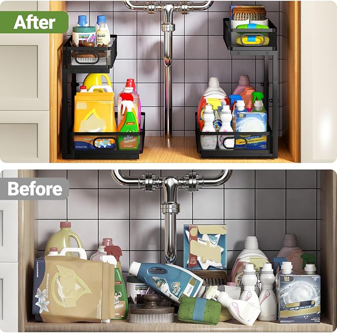 Under Sink Organizer 4-Pack, Metal 2-Tier Pull-Out Cabinet Shelf with Slide-Out Mesh Drawers, Height Adjustable, Space-Saving Storage Racks for Kitchen, Bathroom, Laundry Room - Image 4