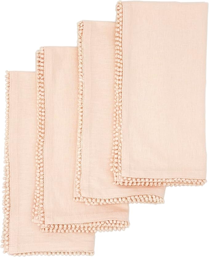 Cotton Napkins with Hand-Knotted Trim, Set of 4 – Cute Reusable Large Cloth Napkin for Dining, Weddings, Summer & Lovely Gift, 22 x 22 Inch, Peach Pink by Bryonia