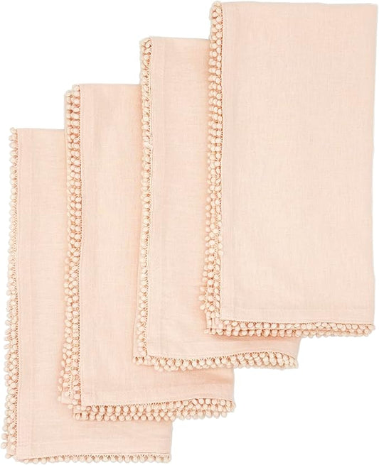 Cotton Napkins with Hand-Knotted Trim, Set of 4 – Cute Reusable Large Cloth Napkin for Dining, Weddings, Summer & Lovely Gift, 22 x 22 Inch, Peach Pink by Bryonia