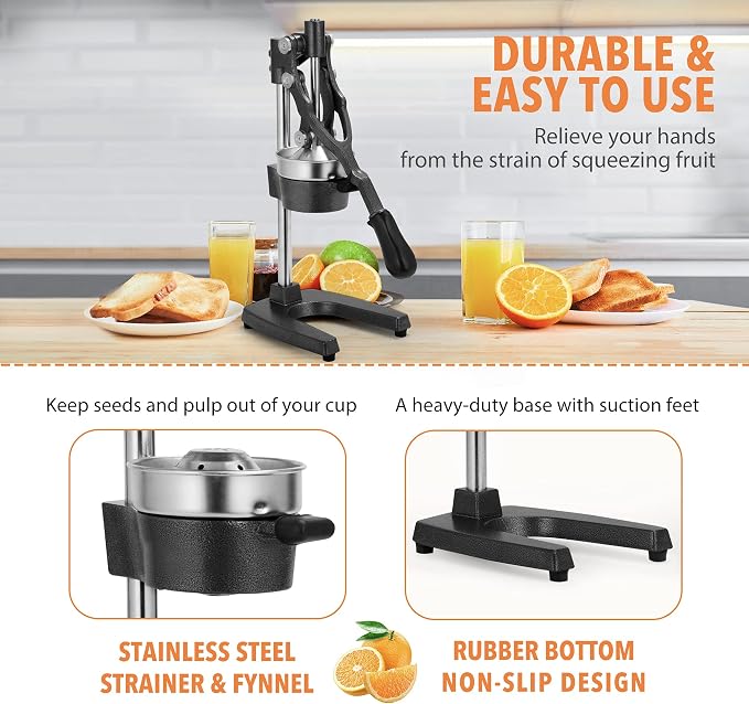 19 Inch Height Extra Tall Commercial Heavy Duty Cast Iron Hand Press Manual Orange Citrus Lemon Lime Grapefruit Pomegranate Fruit Juice Squeezer Machine with Stainless Steel Cup Black - Image 6