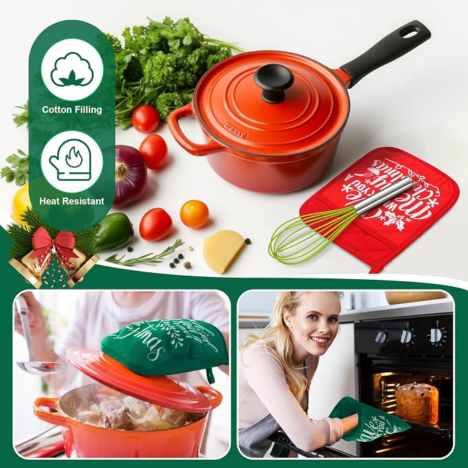 LemonRoad 12 Sets Christmas Whisk Baking Gift Set Xmas Silicone Whisks Oven Mitt Pot Holder Greeting Cards Ribbon Bags for Holiday Kitchen Utensils Cooking Supplies Neighbor Gift(Classic,Red, Green) - Image 6