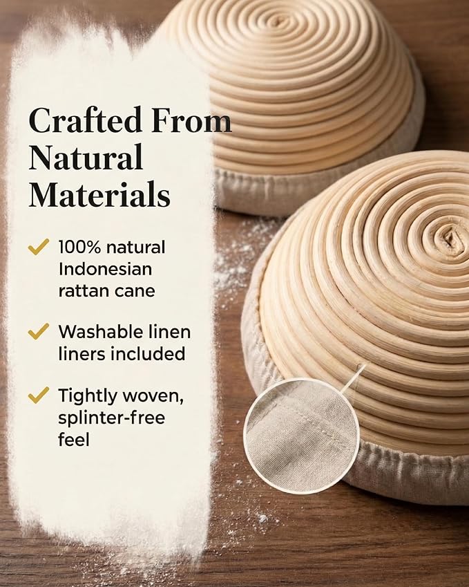 Banneton Bread Proofing Basket with Liners - Natural Rattan Dough Riser, Sourdough Bread Basket, Artisan Bread Loaves, Homemade Bread Making - 2 Pack 9 " Round Basket - Image 6