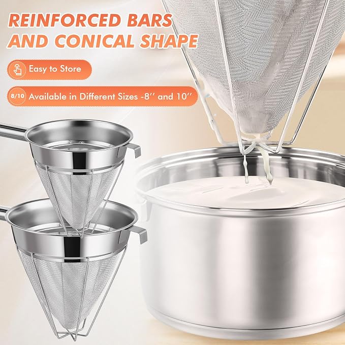 Nuogo 2 Set Stainless Steel Chinois Strainer Fine Mesh Metal Food Bouillon Sieve Strainer Cone Fine Mesh Strainer with Handle and Silicone Spatula for Sauce Jam Jelly Tea(10 Inch+8 Inch) - Image 7