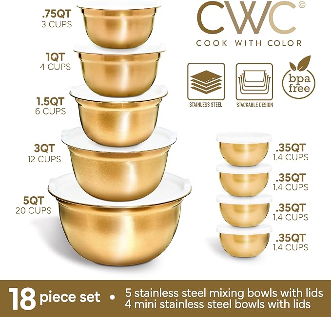 COOK WITH COLOR 18 Piece Mixing Bowls Set with Airtight Lids, Stainless Steel Bowl Organizers, Food Storage Containers, Meal Prep, Nesting Salad Bowls For Cooking, Baking, Kitchen Use, Gold - Image 2