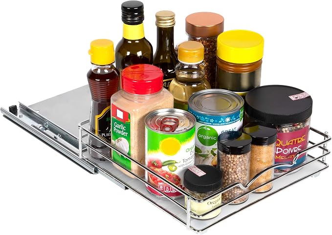 Pull-Out Cabinet Spice Rack Organizer, 10 ⅜"W x 10 ⅜"D x 2 ¾"H | Slim Slide-Out Storage for Spices, Bottles & Jars, Premium Heavy-Duty Steel, Easy Install for Narrow Kitchen Cabinets, Chrome - Image 3