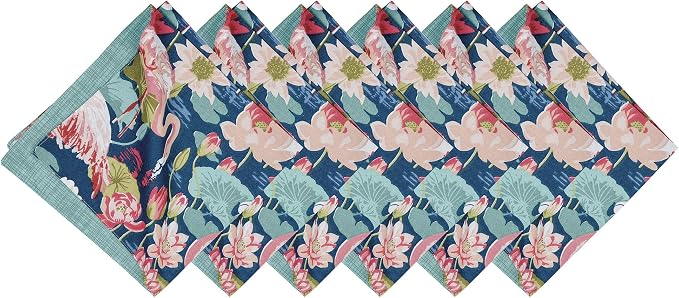 C&F Home Flamingo Lagoon Pink & Blue Tropical Botanical Reversible Hatched Machine Washable Dinner Cloth Napkin Set of 6 20" x 20" Blue - Image 2