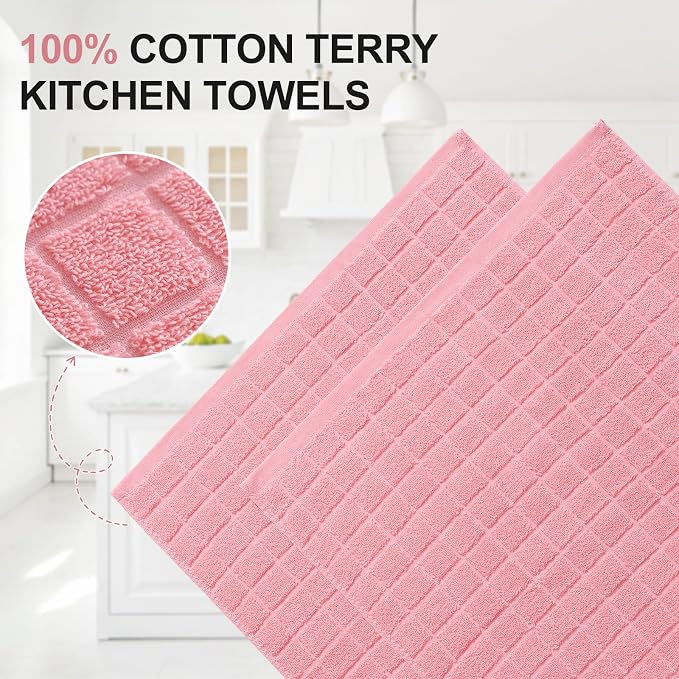 Homaxy Premium Ring Spun Cotton 390 GSM Kitchen Towels, 6 Pack, Pink | 16" x 28" Large Dish Towels, Super Absorbent Terry Hand Towels, Soft Tea Towels with Hanging Loops - Image 2
