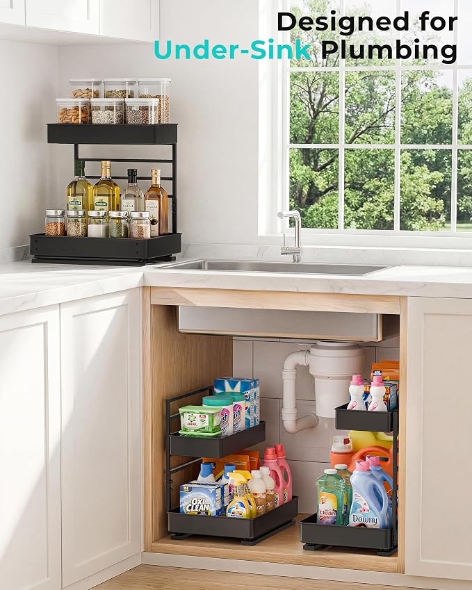 EVERIE Metal Pull Out Slide Shelf Organizer for Under Sink Organization in Kitchen, Bathroom, Counter, Cabinets, Minimum Available Space 13" Wide x 16.5" Deep (Black, 1 Set) - Image 6
