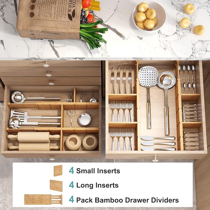 4.4" High Bamboo Drawer Dividers with Inserts, Kitchen Adjustable Drawer Organizers, Expandable Organization for Home, Office, Dressers, and Bathroom, 4 Divider with 8 Insert - Image 4