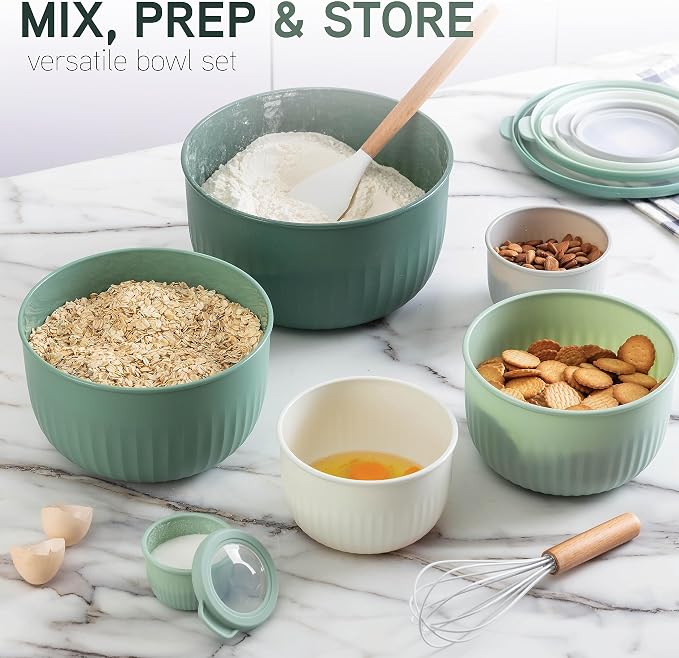 COOK WITH COLOR Prep Bowls with Lids- Wide and Deep Nesting Plastic Small Mixing Bowl Set with Lids, 12 Piece Set - Deep Bowls, Sage - Image 2