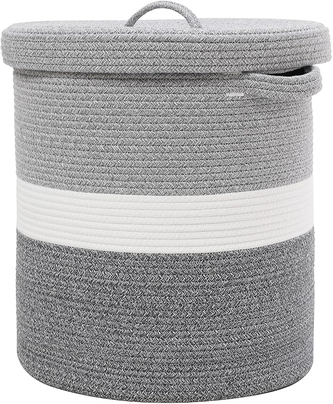 16" x 16" x 18" Extra Large Storage Basket with Lid, Cotton Rope Storage Baskets, Laundry Hamper, Cloth Bin, for Clothes Towels Blankets Pillows Storage in Living Room, Dual Grey with Lid by Cottonphant