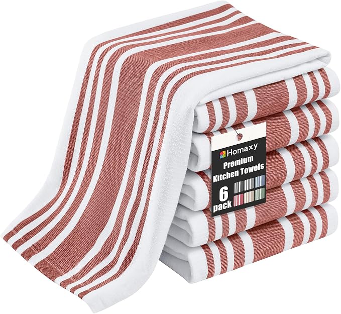 Homaxy Premium Cotton Stripe Kitchen Towels 6 Pack, 18"x 28", Rust | Large 380 GSM Kitchen Hand Towels, Soft Terry Dish Towels, Highly Absorbent Tea Towel Set with Hanging Loop by Homaxy