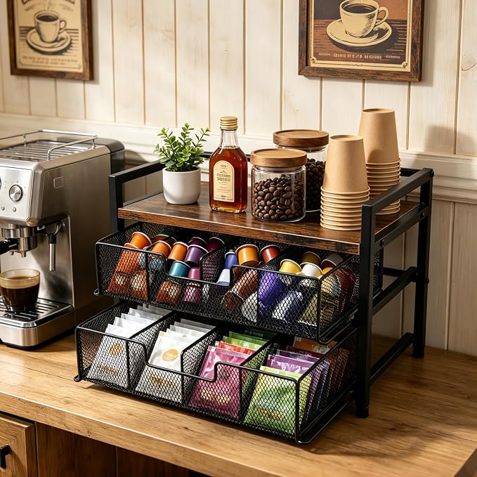Double Drawer Tea Bag Organizer with 16 Compartments Tea Box | wood and metal frame,Smooth sliding drawers, compact for counter/desk, natural wood finish, for kitchen office coffee station - Image 5