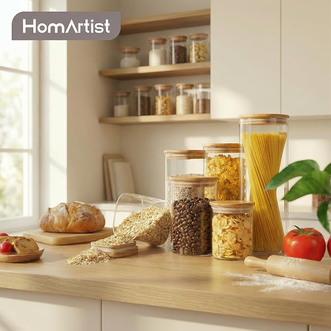 Multi Size - 5 Pack Glass Jars with Bamboo Lids, Glass Pantry Storage Containers with Airtight Lids, Round Air Tigh Food Storage Canisters for Cereal, Pasta, Flour, Sugar, Best for Kitchen Organizer - Image 6