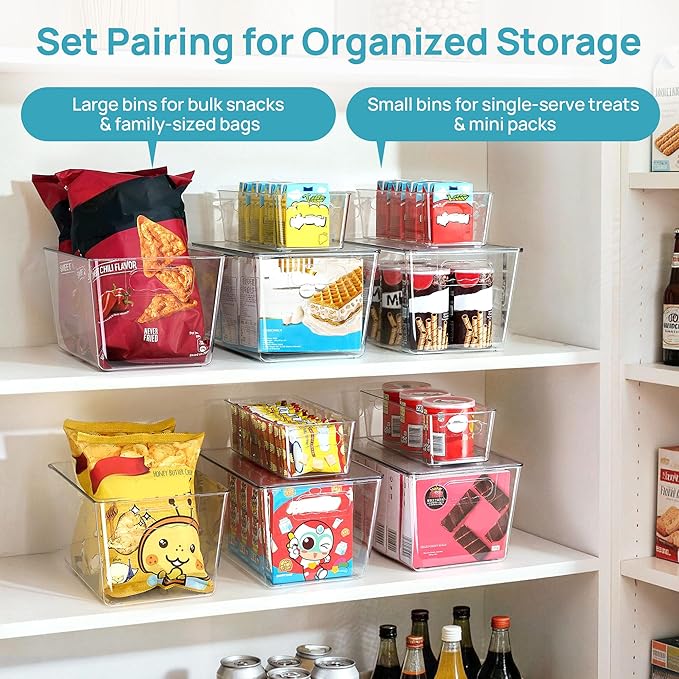 Vtopmart 8 Pack Clear Storage Bins with Lid Set for Pantry Organizer | 4 Large and 4 Small Plastic Pantry Storage Bins with Handle, Storage Containers for Pantry, Kitchen, Fridge, Cabinet - Image 3