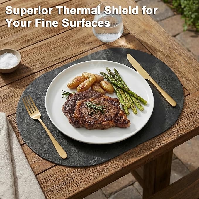 Placemats, Oval Placemats 2mm Ultra Thick Faux Leather Table Mats, Heat Resistant Waterproof Wipeable Dining Mats for Kitchen Table, Set of 4, Classic Grey - Image 2
