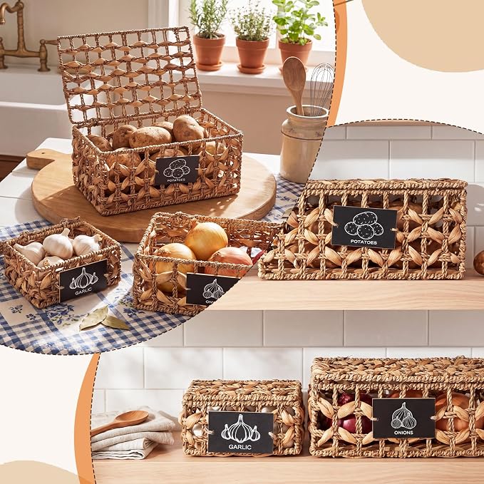Set of 3 Kitchen Vegetable Storage Potato Onion Garlic Storage Bins with Lid and Label, Handwoven Wicker Pantry Organizer Keeper Containers Baskets for Countertop Cabinet Farmhouse Decor - Image 4
