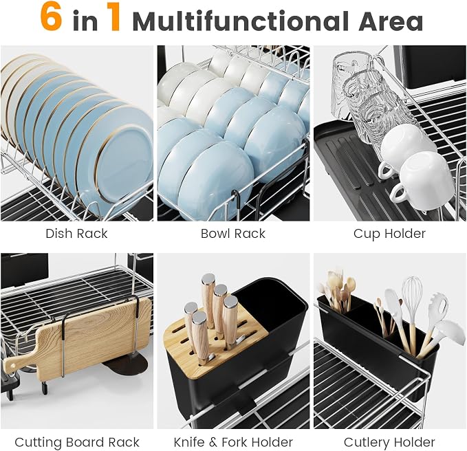 GOFLAME Dish Drying Rack with Drainboard, 2-Tier Detachable Dish Rack with 360°Swivel Spout, Utensil Holder, Cup Holder, Large Capacity Dish Drainer Set for Kitchen Counter - Image 2