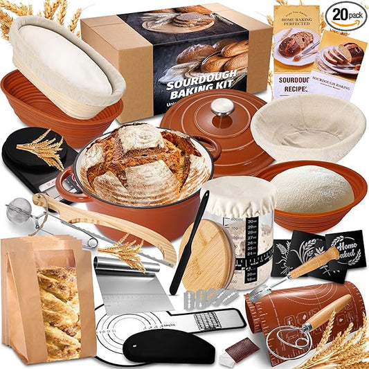 EWFEN Sourdough Starter Kit with Enamel Cast Iron Pot, Complete Sourdough Bread Baking Supplies, Round & Oval Bread Proofing Basket with 34 Oz Starter Jar, Bread Making Tools Kit by EWFEN