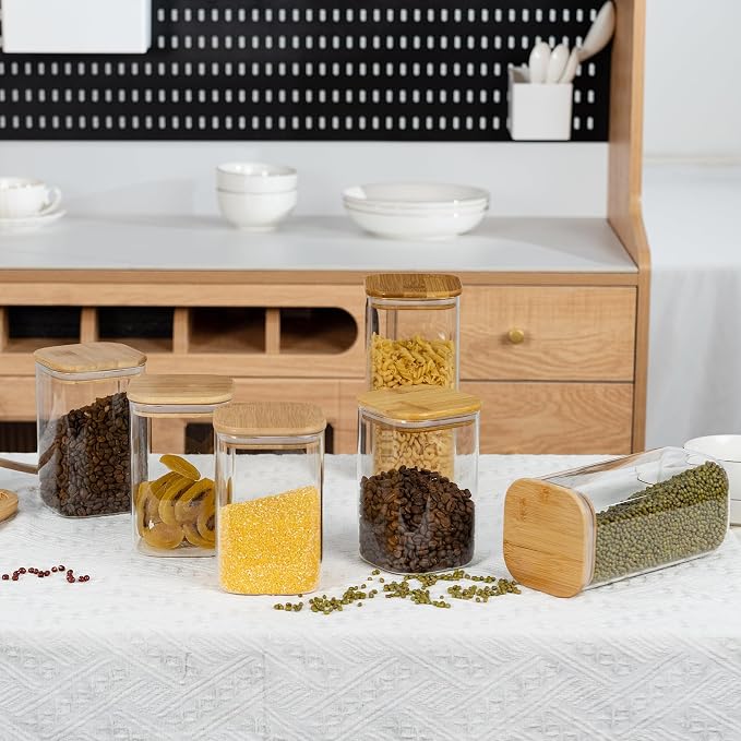 D2scrma 50oz Airtight Glass Square Storage Canister with Bamboo Lid Set of 3 (1500ml) Container Stackable Spice Jar, Kitchen Canister for Flour, Cookies, Cereal and Coffee beans (‎with Black Lable) - Image 8