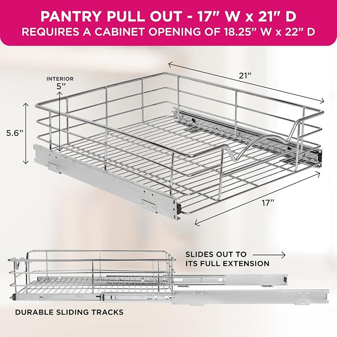 HOLDN’ STORAGE Pull Out Cabinet Organizer, Pantry Drawer, 17"W x 21"D x 5"H | Heavy-Duty Full-Extension, Roll Out Shelf for Pots, Pans & Under Sink Storage, Chrome, Require a 18.25"W Cabinet Opening - Image 3