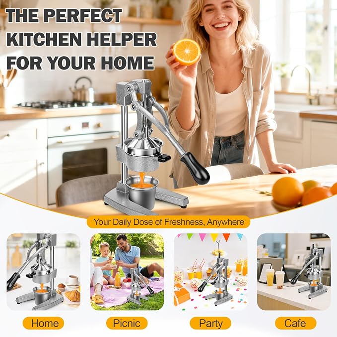 Manual Citrus Juicer Press, Heavy Duty Cast Iron Lemon Squeezer with Stainless Steel Cone, Commercial Hand Press Juicer for Orange, Lemon & Lime, Easy to Clean - Image 7