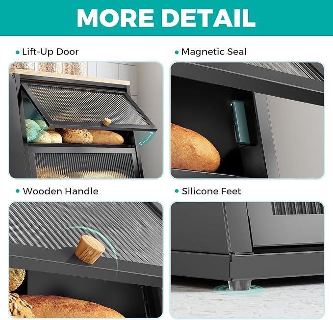 Urackify Bread Box for Kitchen Countertop – 2-Tier Bread Storage Container, Metal Breadbox with Acrylic Wavy Door, Wood Top, Magnetic Seal, Anti-Slip Base, 14.96x9.84x13.78 inch, Black - Image 4
