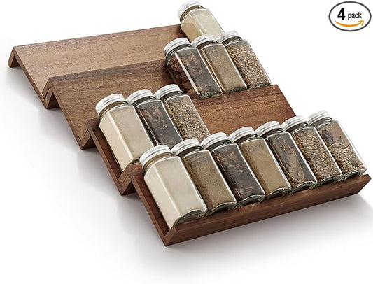 Tinamo Acacia Wooden Spice Rack Organizer for Cabinet - Spice Drawer Insert, Spice Organization for Cabinet, Seasoning Organizer, Spice Holder Pack of 4 (Walnut, Pack 4) | Acacia Wood Construction, No assembly, Stackable 4-tray Design, Spacious for up ... by TINAMO
