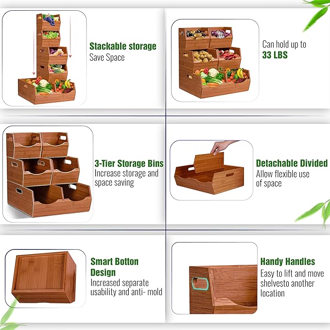 3-tier Stackable Bamboo Pantry Storage Bins, Potato & Onion Storage Baskets | Upgraded Storage Basket with Handles, Removable Divider, Pantry Organizer Holder for Kitchen, Cabinet, Fruit Storage (Walnut) - Image 3