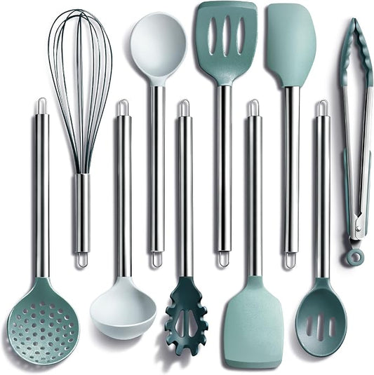 COOK WITH COLOR Silicone Cooking Utensils, Kitchen Utensil Set, Easy to Clean Silicone Kitchen Utensils, Cooking Utensils for Nonstick Cookware, Kitchen Gadgets Set, 10 Pieces, Teal by CookwithColor