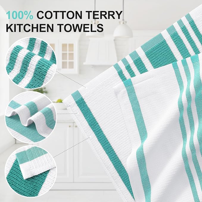 Homaxy Premium Cotton Stripe Kitchen Towels 3 Pack, 18"x 28", Teal | Large 380 GSM Kitchen Hand Towels, Soft Terry Dish Towels, Highly Absorbent Tea Towel Set with Hanging Loop - Image 2