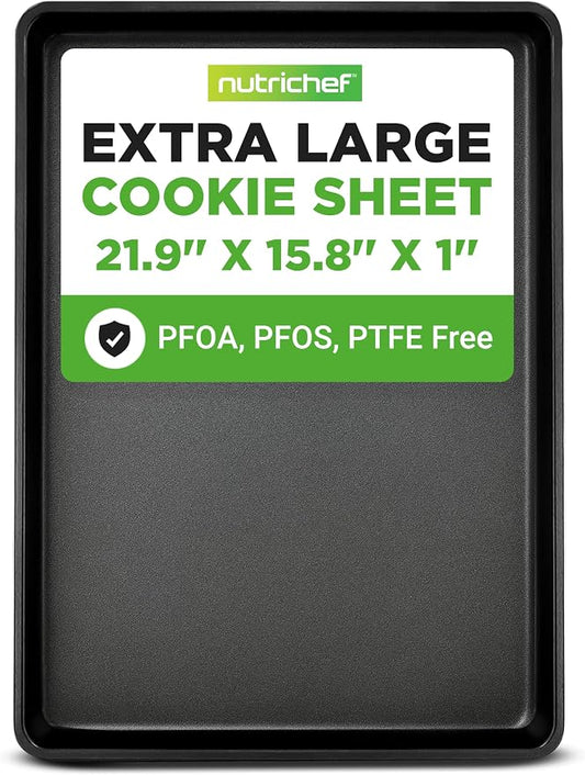 NutriChef Nonstick XL Cookie Sheet Baking Pan - Extra Large 22 Inch x 16 Inch with Raised Edges, Thick Carbon Steel Oven Baking Sheet for Jelly Rolls, Cookies, Cakes, & Pastries - Black by NutriChef%E2%84%A2Kitchen