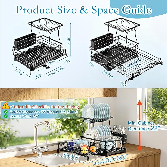 2 Tier Dish Drying Rack, Large Extendable Dish Racks for Kitchen Counter , Dishrack with Drainboard, 2-in-1 Anti-Rust Stainless Steel Dish Drainer with Utensil Holder (Black, double of Dish Rack) - Image 8