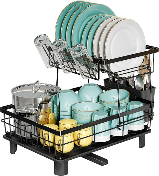 Large Capacity Dish Drainers Drying Rack for Kitchen Counter, Metal Stainless Steel Rust Proof Plate Strainers Holder On Countertop with Drainboard Tray, Space Saving, Aesthetic Modern by Romision