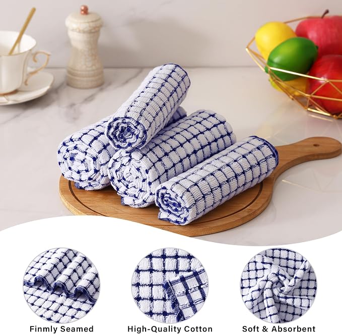 Kitinjoy Cotton 12 Pack Terry Kitchen Dish Cloths, Blue | 12 x 12 Inches Super Soft and Absorbent Dish Rags, Quick Drying Dish towels for Washing Dishes - Image 2