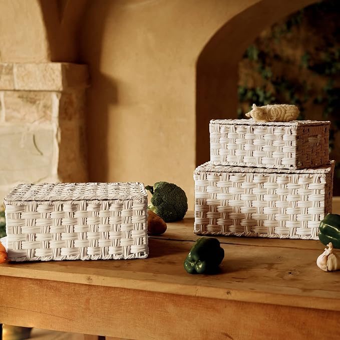 Granny Says Wicker Baskets With Lids, Woven Storage Basket With Lid | Woven Baskets With Lids, Wicker Baskets For Storage, Decorative Storage Boxes, Woven Stackable Basket with Lid for Organizing - Image 4