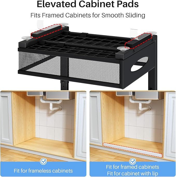 Under Sink Organizer, 2 Pack 2 Tier Pull Out Under Cabinet Organizer Shelf with Pad for Framed Cabinets, Metal Slide Out Under Sink Storage, Mesh Sliding Drawers for Kitchen Bathroom Laundry, Black - Image 3