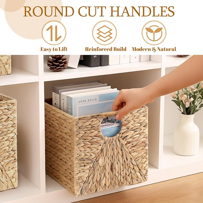Jinei 6 Pcs Water Hyacinth Storage Baskets 12"x12"x12" Wood Color | Handwoven Wicker Bins with Handles, Wicker Cube Baskets Bulk for Shelves Organizer Laundry, Closet Bedroom - Image 3