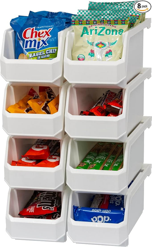Medium Stackable Plastic Storage Bins, 8-Pack, White | Open-Front Stackable Bins For Garage, Pantry, Closet & Office, 11"L X 5,5"W X 5"H, Nests When Empty, Durable Plastic, by Akro-Mils