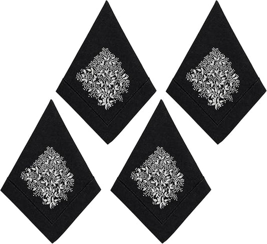 Cloth Napkins Set of 4, 20x20 inch, 100% Linen Hand Embroidered French Knot, Reusable & Machine Washable, Elegant Table Napkins for Dinner, Weddings, Parties (Black) by EmbroideryLinenVN