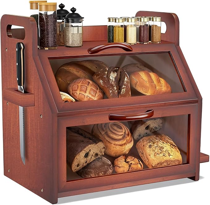 BAMBANG Bread Box for Kitchen Countertop, Extra Large Double Layer Bamboo Breadbox with Clear Window, Farmhouse Wooden Bread Storage Container for Homemade Bread, Knife & Cutting Board Holder, Brown by BAMBANG