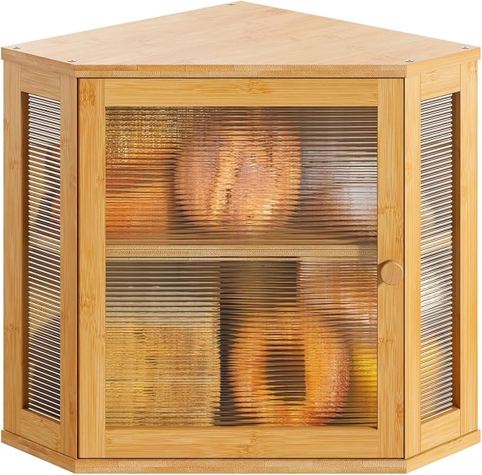 Corner Bread Box, Bamboo Bread Box for Kitchen Countertop, 2 Tier Wooden Bread Storage (Natural, Medium) by VRICCC