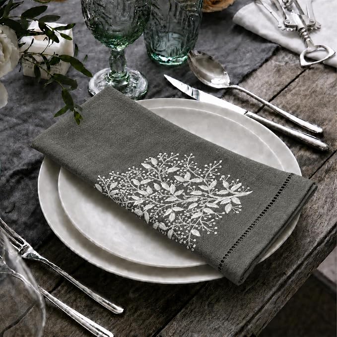 Cloth Napkins Set of 4, 20x20 inch, 100% Linen Hand Embroidered French Knot, Reusable & Machine Washable, Elegant Table Napkins for Dinner, Weddings, Parties (Pewter) - Image 4