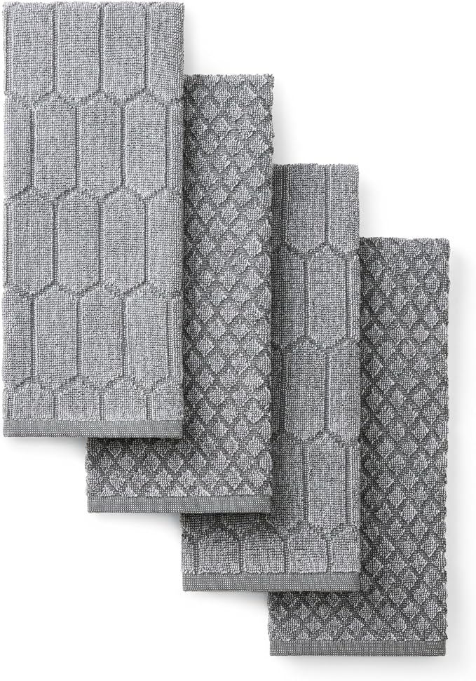 Martha Stewart Honeycomb Chambray Textured Kitchen Towel 4-Pack Set, 100% Cotton with Absorbent Terrycloth, Decorative Kitchen Towels, Grey, 16"x28" by MarthaStewart