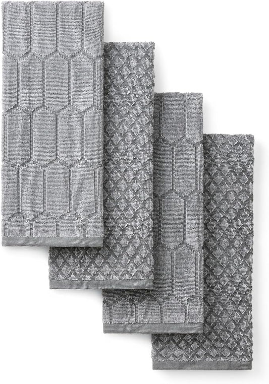Martha Stewart Honeycomb Chambray Textured Kitchen Towel 4-Pack Set, 100% Cotton with Absorbent Terrycloth, Decorative Kitchen Towels, Grey, 16"x28" by MarthaStewart